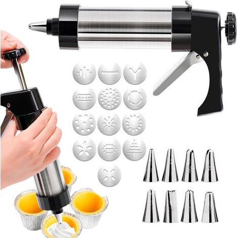 Set di presse per biscotti in acciaio inox con 13 dischi e 8 beccucci. Design ergonomico. Per preparare biscotti e decorazioni per torte. Accessorio per la pasticceria. (1/5)