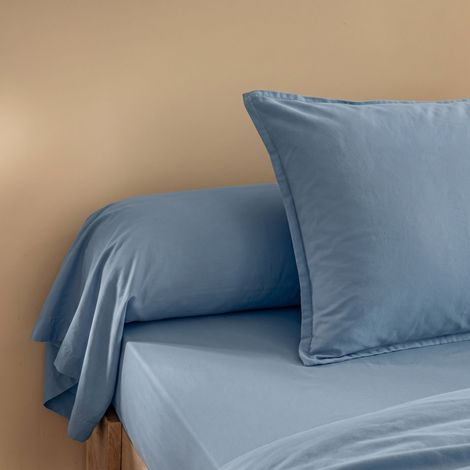 Taie de traversin coton lavé - SOMEO Bleu 90 cm - CELESTE