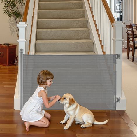 Barrière de Sécurité Extensible, Clôture en Maille 145 cm de Large et 98 cm de Haut, Barrière Rétractable pour Animaux de Compagnie, avec Verrou de Sécurité, pour Couloir Escalier, Gris (1/5)