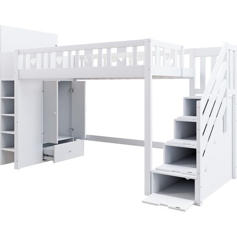 Litera 90 x 200 cm con escalera de almacenaje, estantes y compartimentos abatibles, blanca (1/5)