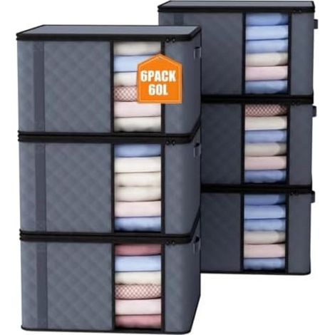 6 pièces sac de rangement 60L, boîte de rangement avec couvercle, sac pliable pour couettes vêtements sous lit armoire (1/4)