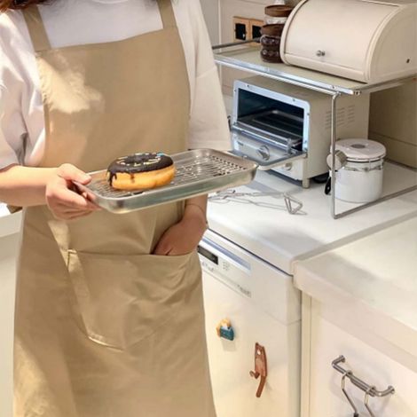 Ärmellose Schürze mit schlichtem Schriftzug, koreanischer Stil, wasser- und ölabweisend, geeignet zum Backen und Kochen, lange Schürze im Westenstil mit Bindeband, khaki, Einheitsgröße. (1/5)