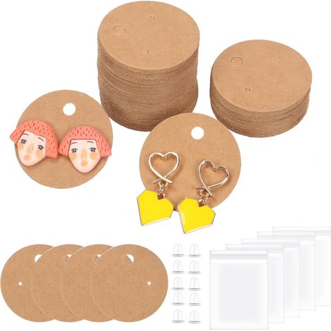 Assortment of 600 round kraft paper presentation cards, 4 cm to 1.6 inches, with earring clasps and self-adhesive bags, backing cards for (1/5)