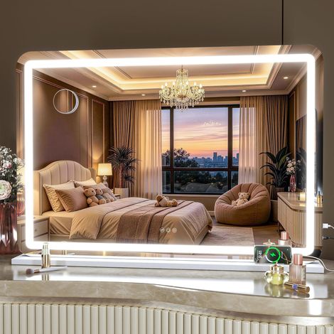 Miroir de beauté avec lumières, 95 x 65 cm Miroir de Maquillage LED avec grossissement 10x et 3 températures de Couleur, Miroir de Table à Commande Tactile, Rotation à 360°, Rond Blanc (1/5)