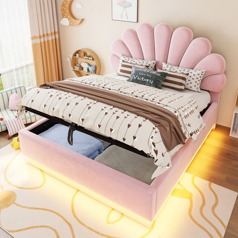 Letto contenitore 140x200 cm con testiera a fiore, LED e struttura in metallo rosa HAVRYA (1/5)