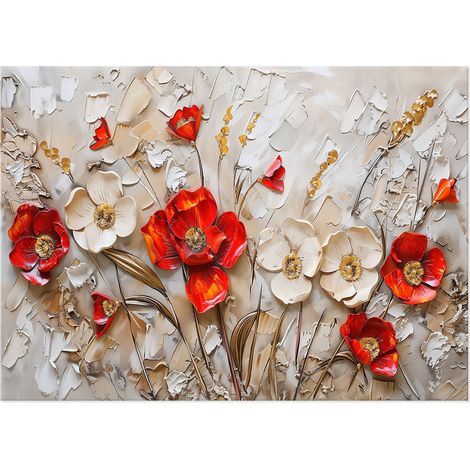 Lupia - Quadro moderno Canvas Prime FLOREALE ROSSO 50x70 cm, Stampa su Tela effetto dipinto con fiori, Pennellate tridimensionale, Telaio in Legno, per soggiorno camera da letto ufficio