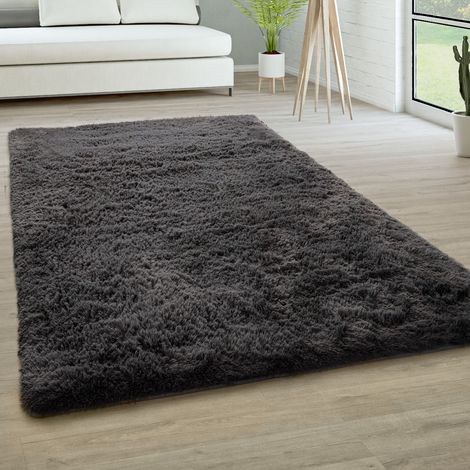 Paco Home Hochflor Teppich Wohnzimmer Fellteppich Kunstfell Shaggy Flauschig Einfarbig Anthrazit, 80 cm Rund