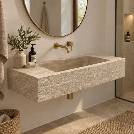 Vasque rectangulaire en pierre naturelle Atlas Beige 100x40x15 cm - À l'unité - Ti'ma Stone (1/3)