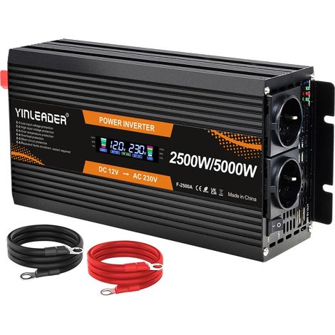 Convertisseur 12V 220V 2500W /5000W Convertisseur de Puissance Onduleur 12V 230V Ecran LCD 2 Prises AC pour Panneau Solaire Voiture VR