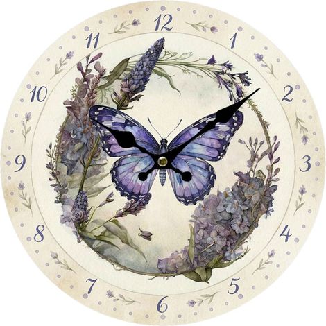 Reloj de pared de mariposa y flores lila 34 cm, vintage (1/5)