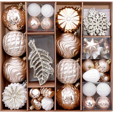 Ensemble de 62 décorations de Noël de luxe en cuivre et blanc, boules en plastique incassables avec flocons de neige (1/5)