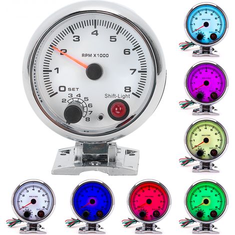 Compte-tours 95mm 0-8000 tr/min rétroéclairage 7 couleurs pour véhicules essence 4/6/8 cylindres 12V (1/5)