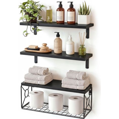 Étagère Murale avec Panier pour Salle de Bain, Lot de 3, Noirc Étagère de salle de bain en paulownia massif, 10 kg par tablette, agencement modulable pour rangement et décoration (1/5)