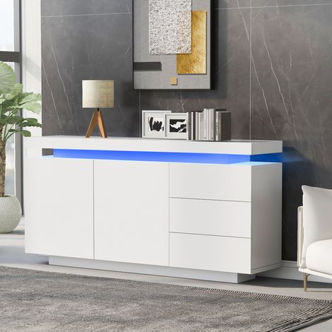 LED-Sideboard weiß glänzend 140 x 35 x 72,5 cm, 2 Türen, 3 Schubladen HAVRYA (1/5)