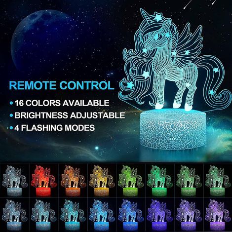 veilleuse Licorne Pour Enfants, Cadeaux Licorne Pour Filles, Tlcommande 16 Couleurs Changeantes Dimmable, Lampe Led Illusion 3d Pour Garons Salon (1/5)