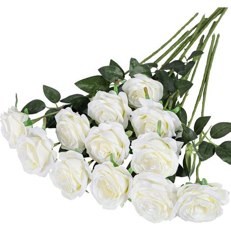 Lot de 12 Roses, Tige longue, Soie réaliste, Décoration mariage, Intérieur (1/5)