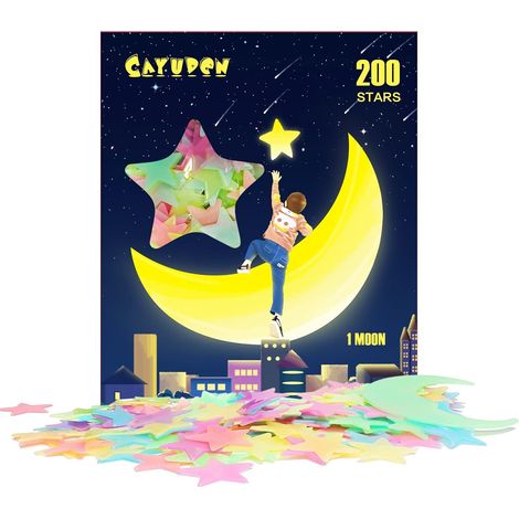 Stickers Luminiscents Étoiles - PVC Imperméable - Pour Plafond et Murs - 201 Pièces (200 Étoiles + 1 Lune 3D) - Sans Toxique (1/5)