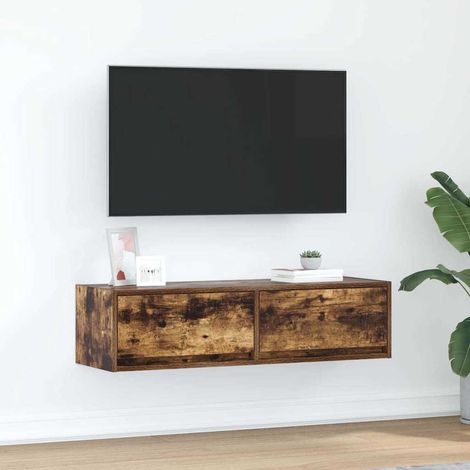 Meuble TV mural avec 2 tiroirs, bois d’ingénierie, chêne fumé, 100 x 31 x 25,5 cm - PANGIVO (1/5)