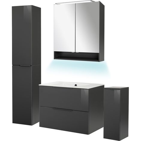 Fackelmann LUNA Badmöbel Set 6-teilig, 80 cm breit, Anthrazit, Keramik+Spiegelschrank+2 Badschränke"-"90258145
