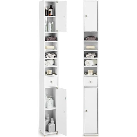 COSTWAY Armario Alto de Baño, Armario Delgado de Baño Alto con 2 Puertas, 1 Cajón y 5 Estantes Ajustables, Mueble Columna de Baño, Armario para Baño Alto, 20x20x180 cm