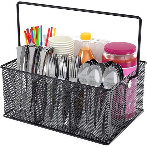 Porte-ustensiles - Porte-couverts en maille acier inoxydable - Organisateur de couverts pour plan de travail cuisine extérieur camping fête - Noir - 1 pièce