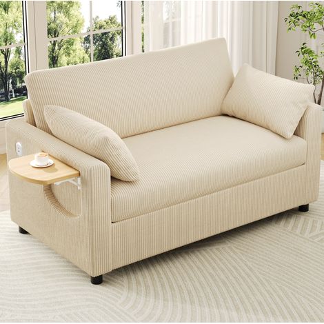 Canapé convertible 2 places en velours côtelé beige 134 x 82 x 84 cm avec USB, USB-C et tablette latérale (1/5)