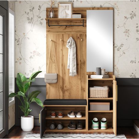 Meuble d'entrée avec miroir et banc, range-chaussures 100x38x185 cm, noir et bois, FloraGrace (1/5)