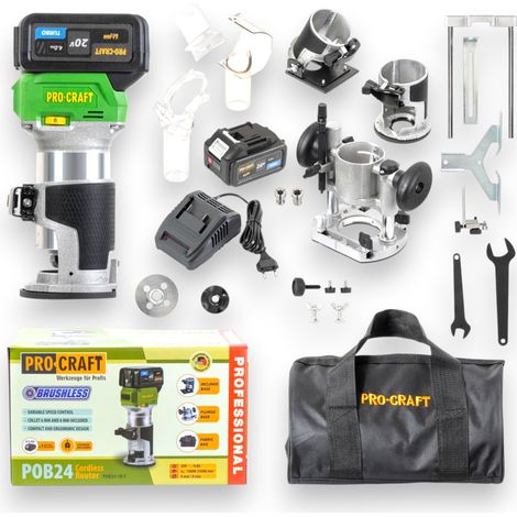 Procraft POB24-1B-F Akku Multifunktionsfräse 20 V 6 / 8 mm Brushless + 1x Akku 4,0 Ah + Ladegerät + 3-in-1 Zubehör + Tasche