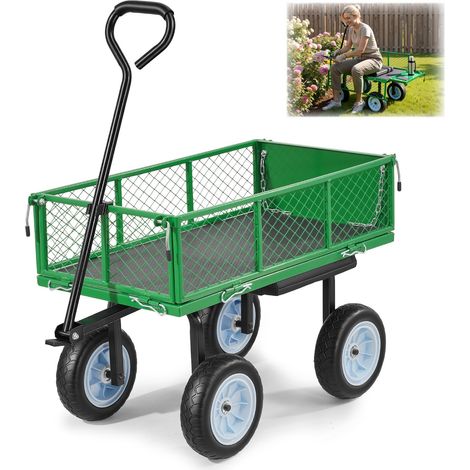 Chariot de Jardin en Acier avec Siège Max. 226,8 kg Chariot de Transport de Jardin pour Bois Terre, avec Côtés Amovibles, Tablette Latérale, Pneus PU Increvables 25,4 cm, Poignée Réglable, Vert (1/5)