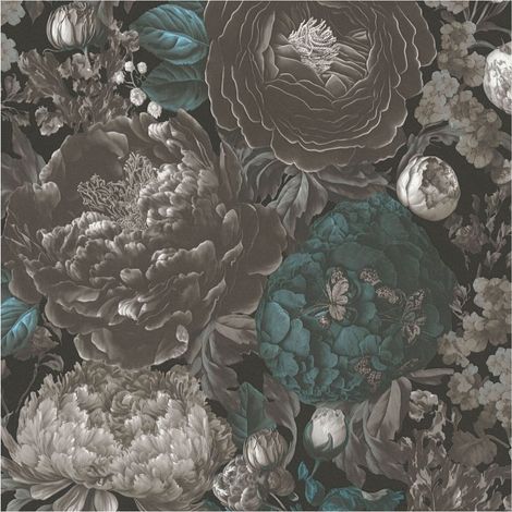 Flowers wallcovering wall Profhome 399792 hot embossed non-woven wallpaper smooth with floral ornaments matt black blue grey white 5,33 m2 (1/5)