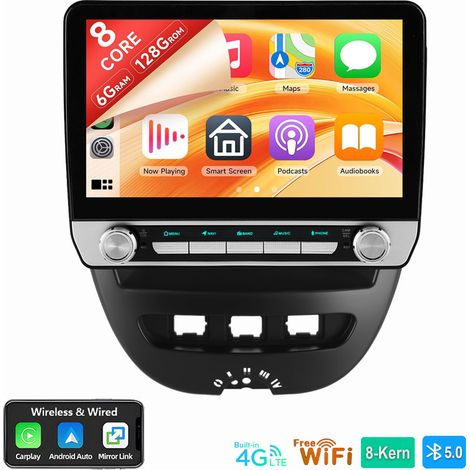 4G 6+128G Android15 Autoradio CarPlay Kam Pour Citroen C1 Peugeot 107 Toyota Aygo 2005-2014 6+128G (1/4)