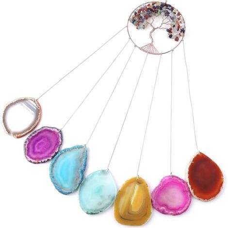 Carillon éolien en cristal représentant l'Arbre de Vie, composé de tranches d'agate naturelle à sept chakras, idéal pour être suspendu dans les jardins, à l'extérieur ou comme décoration intérieure. (1/5)