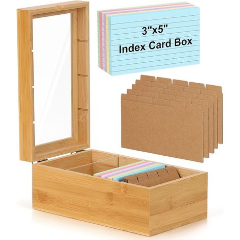 Organiseur de fiches en bambou - Porte-fiches 3x5 avec séparateurs - Boîte à recettes en bois avec couvercle - 4 séparateurs pouvant contenir jusqu'à 1200 fiches - 12,5-22,5 cm de large x 25,5 cm de p (1/5)