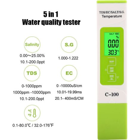 Tester digitale portatile per la qualità dell'acqua di mare 5 in 1 SG/Salinità/Temperatura/TDS/EC per piscine, acquari e acqua salata (1/4)