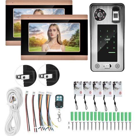 Sonnette vidéo WiFi filaire 7 pouces 100-240V, application à distance, 1 caméra + 2 moniteurs, prise américaine (1/5)