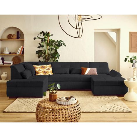 Lisa Design – Canapé panoramique d'angle gauche 7 places en velours côtelé noir – Accoudoir relevable – Structure en bois massif – Style contemporain (1/5)
