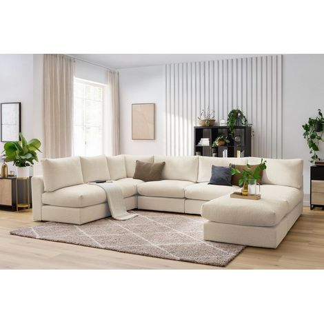 BOBOCHIC - Canapé d'angle fixe 100% modulable PARIS tissu bouclette 3 chauffeuses, 1 méridienne, 1 angle, 1 pouf Beige (1/5)