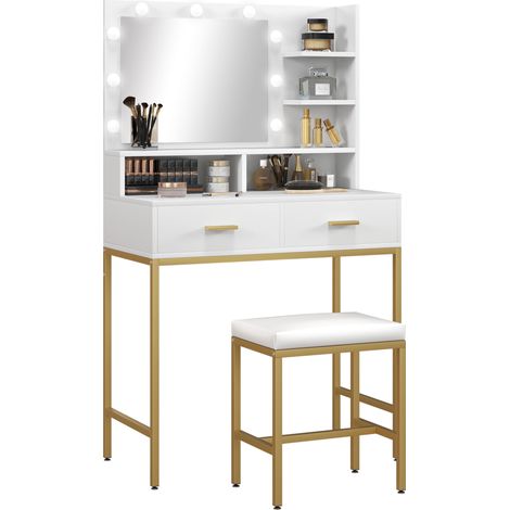 Coiffeuse avec miroir LED 2 tiroirs 5 etageres et tabouret blanc 80x40x138 cm