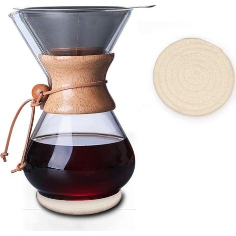 Cafetière à col en bois avec filtre réutilisable en acier inoxydable, carafe en verre borosilicate de 400 ml, infuseur à café