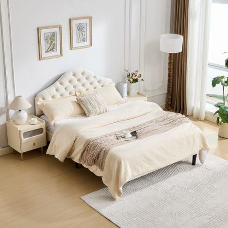 Letto matrimoniale imbottito con testiera regolabile, letto singolo in velluto con supporto a doghe in legno, non necessita di rete a molle, facile da montare, 140x200 cm, beige, DE601140BG (1/5)
