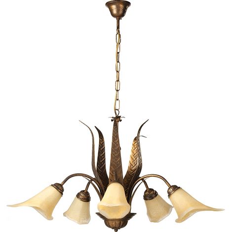 Lustre 5 bras en métal marron avec nuances dorées et verres ambre (1/5)