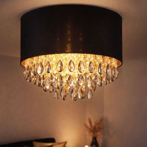 LED Deckenleuchte schwarz gold Deckenlampe Kristall Esstischlampe Wohnzimmerleuchte, Glaskristalle Metall Textil, 1x E27 LED warmweiß, DxH 40 x 33 cm