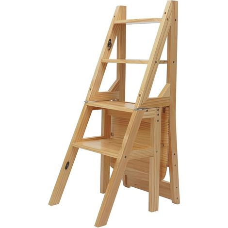 Chaise d'échelle pliable à 4 marches - En bois de pin - Échelle de bibliothèque double usage - Tabouret à 4 marches - Support d'exposition pour l'intérieur et l'extérieur (E) (1/5)