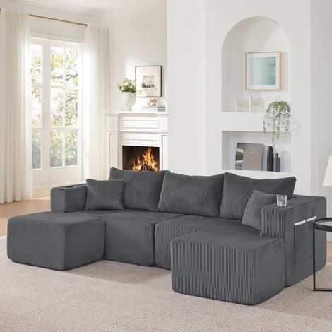 Sofá esquinero modular de 3 plazas con 2 otomanas móviles, tela acanalada gris DESVIAE (1/5)