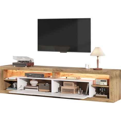 Meuble TV bois naturel blanc, 180x35,5x50 cm, LED app, 2 tiroirs, 4 compartiments, charge 30 kg, pour TV 75 pouces (1/5)