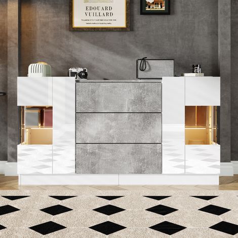 Buffet, avec 2 portes et 3 tiroirs - Façades blanches brillantes et aspect marbre gris, éclairage LED 16 couleurs, 140 x 35 x 75 cm (1/5)