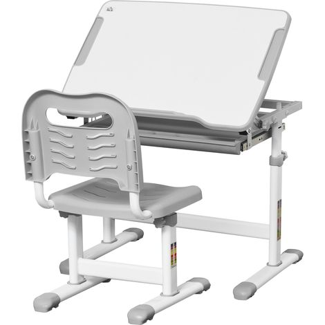 Bureau enfant 6-12 ans avec chaise et hauteur réglable, plateau inclinable, 66 x 47 x 52-77 cm, gris (1/5)
