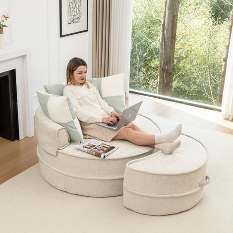 Canapé rond beige – 5 coussins + pouf – Salon/Chambre – Design original – Confortable – Tissu doux (1/5)