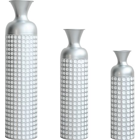 Silberfarbene Metall-Bodenvase 3er-Set mit Punktmuster (1/3)