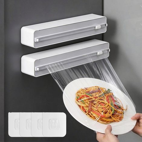 2 Pcs Distributeur Film Alimentaire Magnétique avec Coupeur à Glissière, Dévidoir Papiers Alu et Films Alimentaires Frigo, Coupe Papier Film Alimentaire avec Crochet Autocollant, pour Cuisine (1/5)